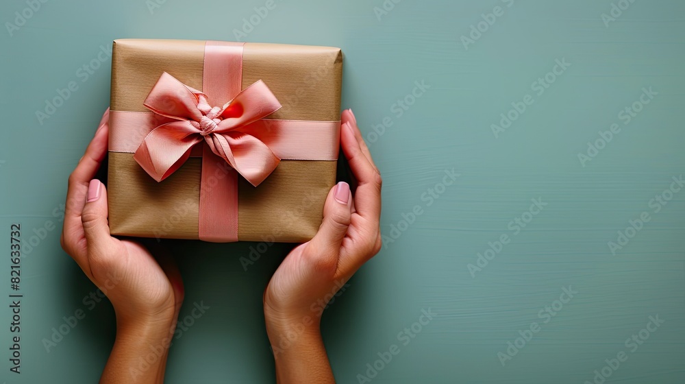 The birthday greeting concept is depicted in the image of a gift box being held by a woman's hands from a top view The birthday greeting concept is depicted in the image of a gift box being held by a woman's hands from a top view