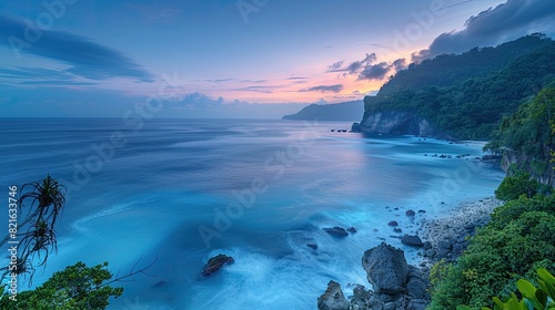The breathtaking oceanic panorama of a tropical shoreline during twilight