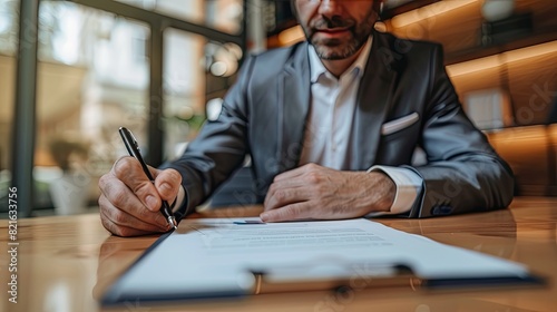 The businessman is seated at the table with his client, diligently jotting down notes. He holds a pen in his hand, ready to affix his signature on the contract document resting on the office desk photo