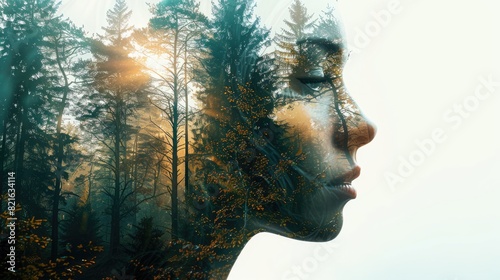The image depicts a woman's face superimposed over a forest in a double exposure