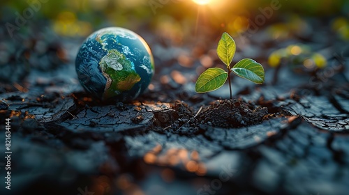 A globe with dried, cracked earth and a single green sprout conceptual illustration of hope and resilience amidst climate change.