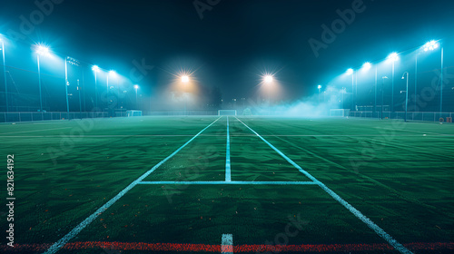Football Pitch with Bright Lights  Night Stadium Illuminated for Exciting Soccer Match  Vibrant Sports Arena Under the Evening Sky  Spectacular Football Field with Colorful Floodlights  Generative AI 