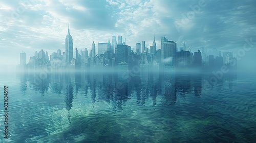 A city submerged under water with only the tallest buildings visible conceptual illustration of the impact of rising sea levels on urban areas. #821634597