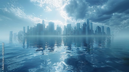 A city submerged under water with only the tallest buildings visible conceptual illustration of the impact of rising sea levels on urban areas.