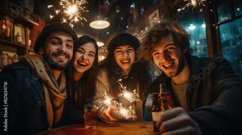 Group of friends laughing with sparklers celebrating New Year's Eve party or christmas festive