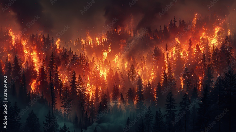 A forest engulfed in flames with a dark, smoky sky conceptual illustration of the increasing severity of wildfires due to climate change. A forest engulfed in flames with a dark, smoky sky conceptual illustration of the increasing severity of wildfires due to climate change.
