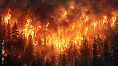 A forest engulfed in flames with a dark  smoky sky conceptual illustration of the increasing severity of wildfires due to climate change.