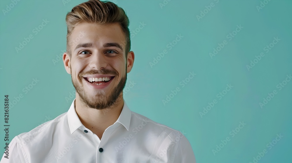 Confident and Cheerful Young Business Executive Smiling on Colorful Background Confident and Cheerful Young Business Executive Smiling on Colorful Background