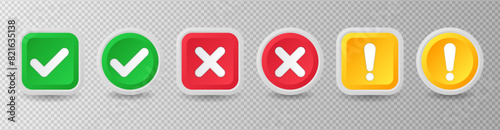 Check mark icons. Checkmark and cross mark buttons, Tick sign, Right and wrong 3D buttons, Check mark acceptance, X rejection button. 3d realistic vector set. Positive and negative choice