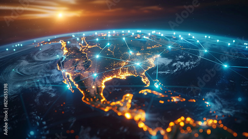 A vibrant view of Earth's glowing network connections, illustrating global communication and connectivity at sunrise.