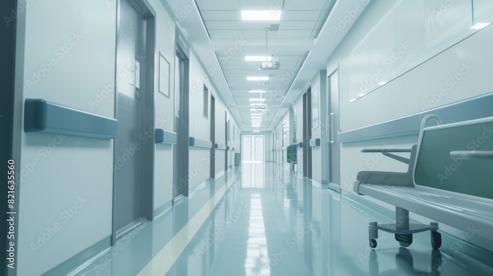 A long hallway with a white door and a green bench. The hallway is empty and the lights are on A long hallway with a white door and a green bench. The hallway is empty and the lights are on