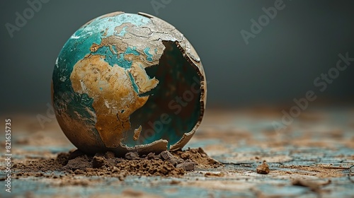 Fototapeta Naklejka Na Ścianę i Meble -  A globe cracked open with desert sand spilling out conceptual illustration of desertification and land degradation as a result of climate change.