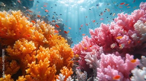 A dying coral reef with vibrant colors faded to white conceptual illustration of ocean acidification and the loss of biodiversity in marine ecosystems. photo