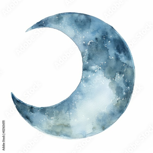  Watercolor painting of a minimalist moon in the night sky  with a simple crescent shape and soft  glowing light  on isolated white background  Generative AI