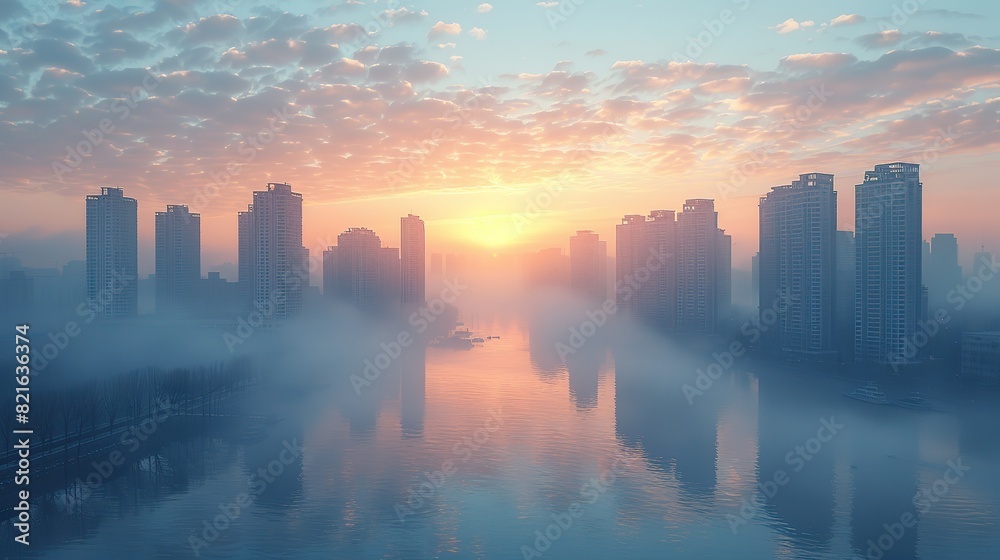 A city skyline blurred by thick smog with a polluted river in the foreground conceptual illustration of urban air pollution and its health impacts.