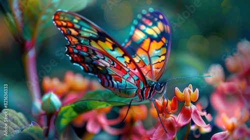 A colorful butterfly is perched on a flower. The butterfly is multicolored and has a vibrant appearance. Concept of joy and beauty, as the butterfly