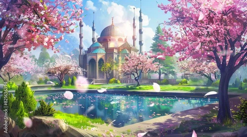 beautiful mosque grounds with pond and cherry trees. cartoon or anime style, japanese theme. live wallpaper backgrounds. seamless looping 4k illustration animated video background