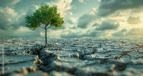 A parched landscape with a single green plant struggling to thrive conceptual illustration of the impacts of climate change on biodiversity and ecosystems. photo