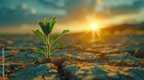 A parched landscape with a single green plant struggling to thrive conceptual illustration of the impacts of climate change on biodiversity and ecosystems. photo