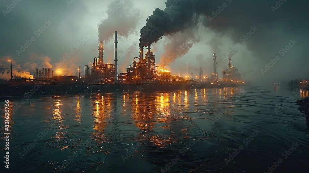 A factory emitting thick black smoke into a darkened sky conceptual illustration of industrial pollution and its role in climate change. A factory emitting thick black smoke into a darkened sky conceptual illustration of industrial pollution and its role in climate change.