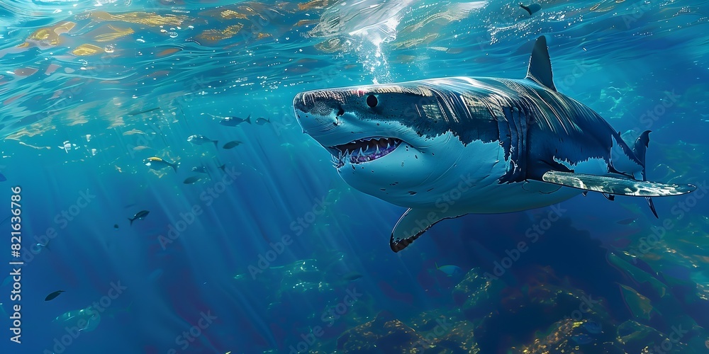 Fototapeta premium Majestic Shark Gliding Through Vibrant Blue Ocean Depths