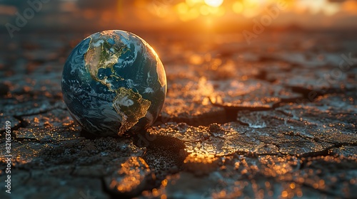 A cracked earth globe with a desert landscape encroaching conceptual illustration of desertification and its global impact. photo