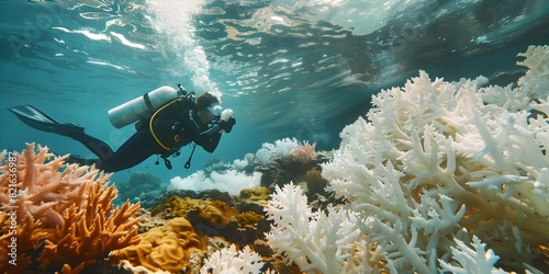Fototapeta Naklejka Na Ścianę i Meble -  Underwater Diver Capturing Coral Bleaching Event in Vibrant Marine Ecosystem