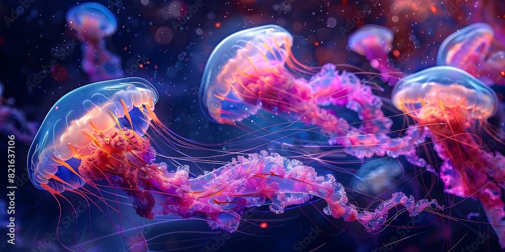 Fototapeta premium Mesmerizing Bioluminescent Jellyfish in Otherworldly Ocean Landscape