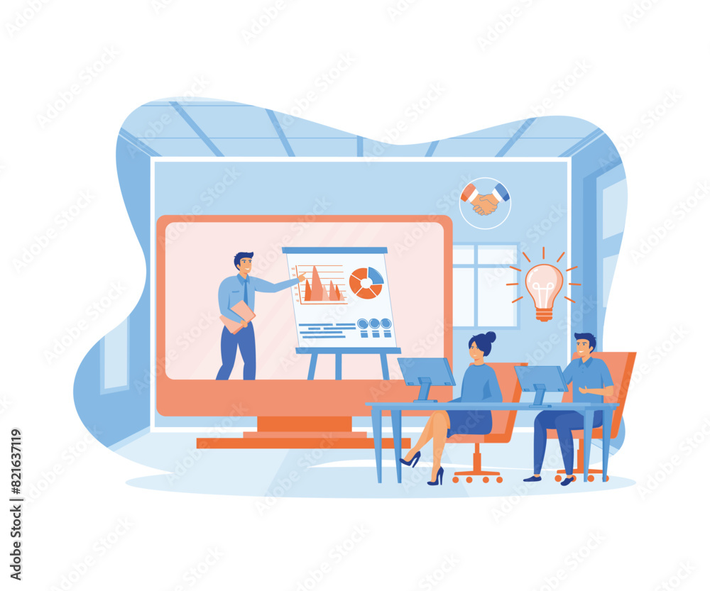 Online Training Conference for Office Workers. Colleagues Sitting with Laptop at Desks Receive Knowledge from Coach. flat vector modern illustration