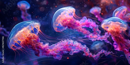 Mesmerizing Bioluminescent Jellyfish in Otherworldly Ocean Landscape © Thares2020