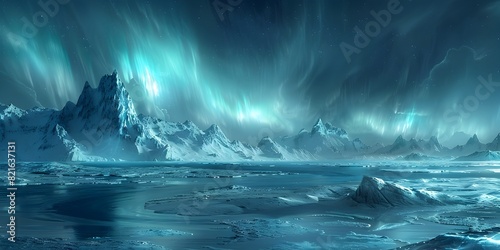 Breathtaking Aurora Borealis Illuminates Frozen Seascape with Majestic Icebergs and Glaciers in Ethereal Digital Art Landscape photo