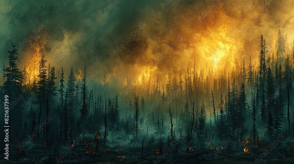 A dying forest with skeletal trees against a smoky sky conceptual illustration of the destructive impact of wildfires exacerbated by climate change. A dying forest with skeletal trees against a smoky sky conceptual illustration of the destructive impact of wildfires exacerbated by climate change.