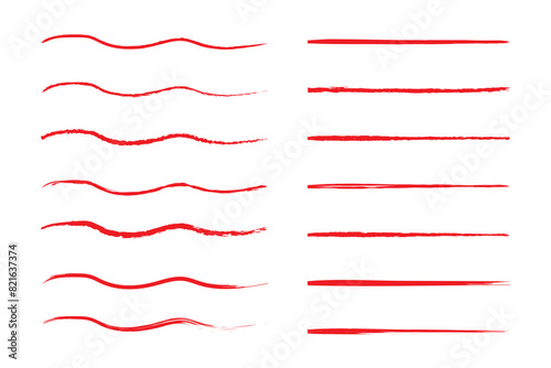 Crayon brush stroke red underline. Chalk pen highlight stroke. Vector hand drawn brush underline element set for accent, crayon texture emphasis element. Red chalk vector illustration