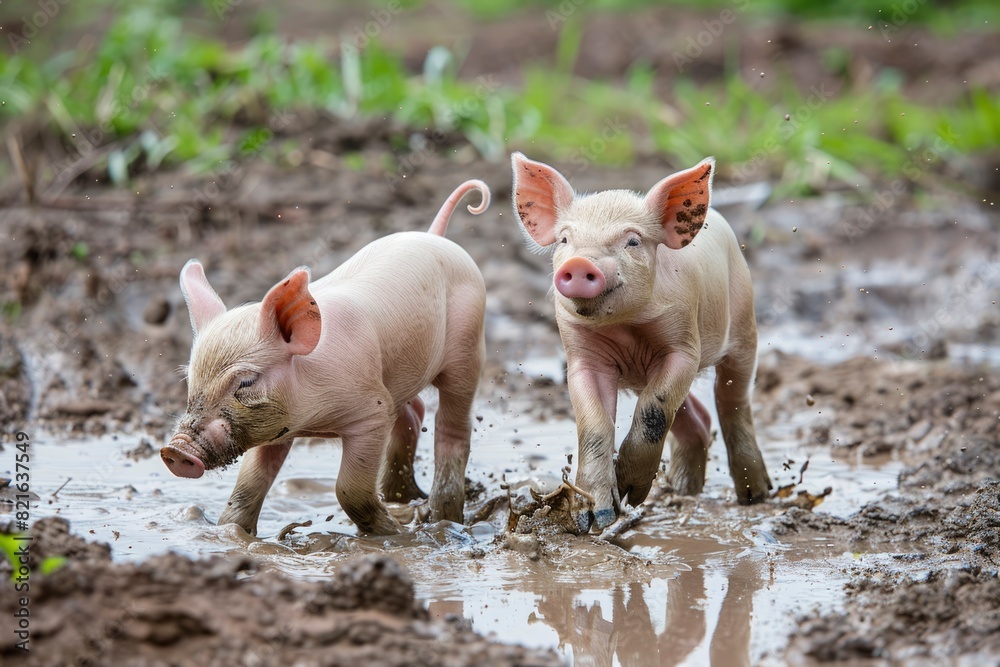 Two piglets are playing in the mud. One of them is looking at the camera Two piglets are playing in the mud. One of them is looking at the camera