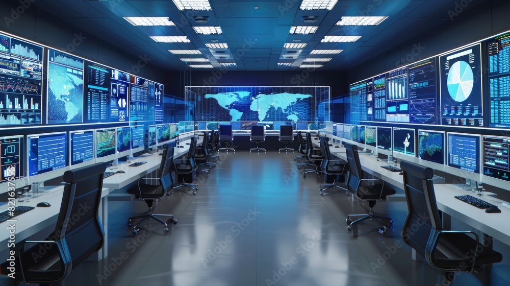 A large room with many computer monitors and chairs. The room is filled with people working on computers
