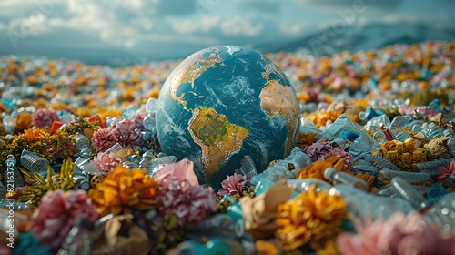 A globe surrounded by piles of plastic waste conceptual illustration of global waste management issues and their impact on the environment.