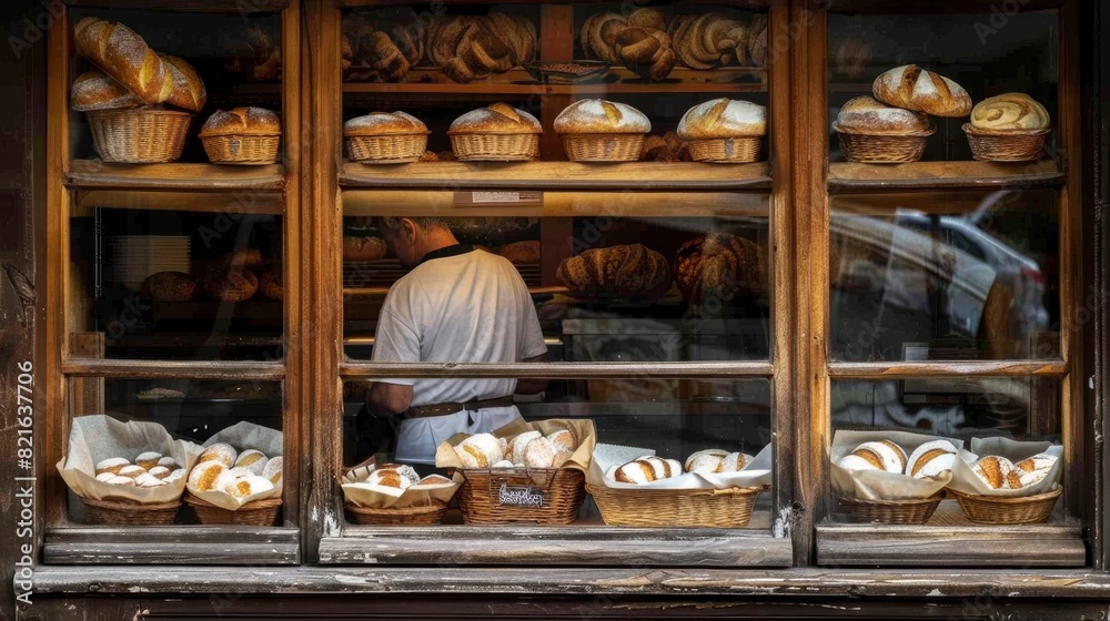 A man is standing in front of a window display of bread. The bread is in baskets and there are many different types of bread A man is standing in front of a window display of bread. The bread is in baskets and there are many different types of bread