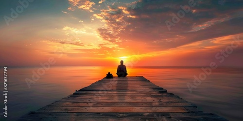 A man sits on a pier overlooking the ocean. The sky is orange and the water is calm