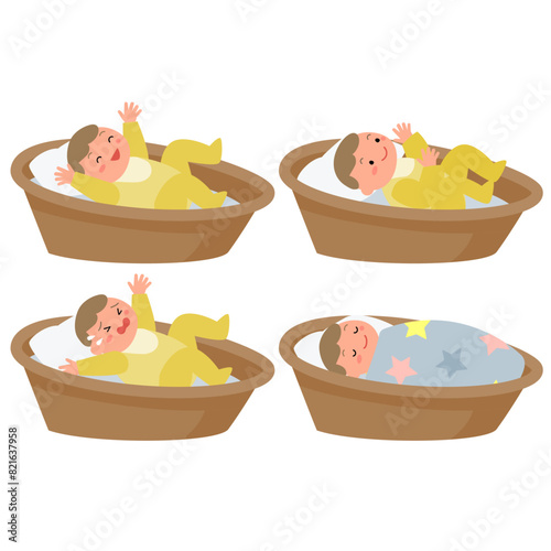 バスケットに寝ている赤ちゃんの表情セット