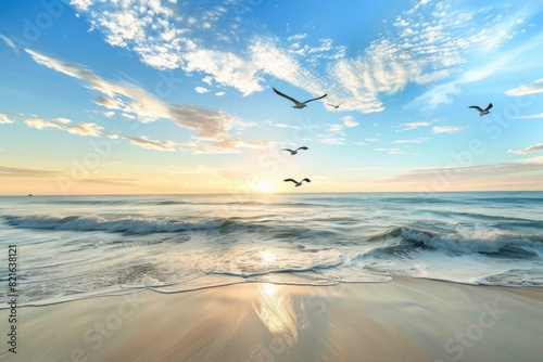 A beautiful beach scene with a group of birds flying over the ocean. The sky is clear and blue, and the sun is setting, creating a warm and peaceful atmosphere