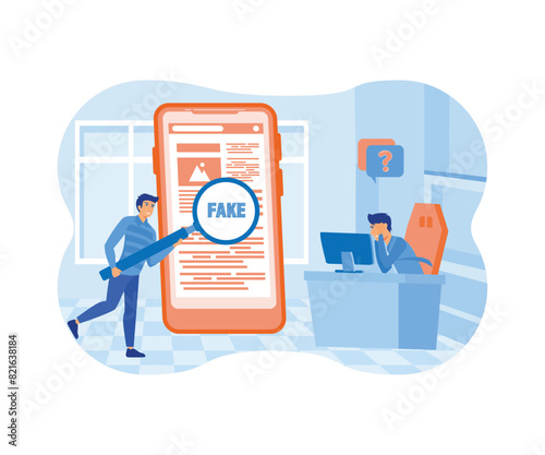 Fake news. Man with magnifying glass scanning and check news on smartphone. Disinformation, propaganda on online news media. flat vector modern illustration