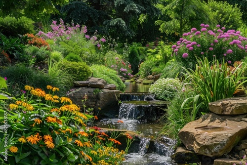 A beautiful garden with a small waterfall and a rock wall. The waterfall is surrounded by a variety of flowers and plants  including pink and orange flowers. The garden is well-maintained