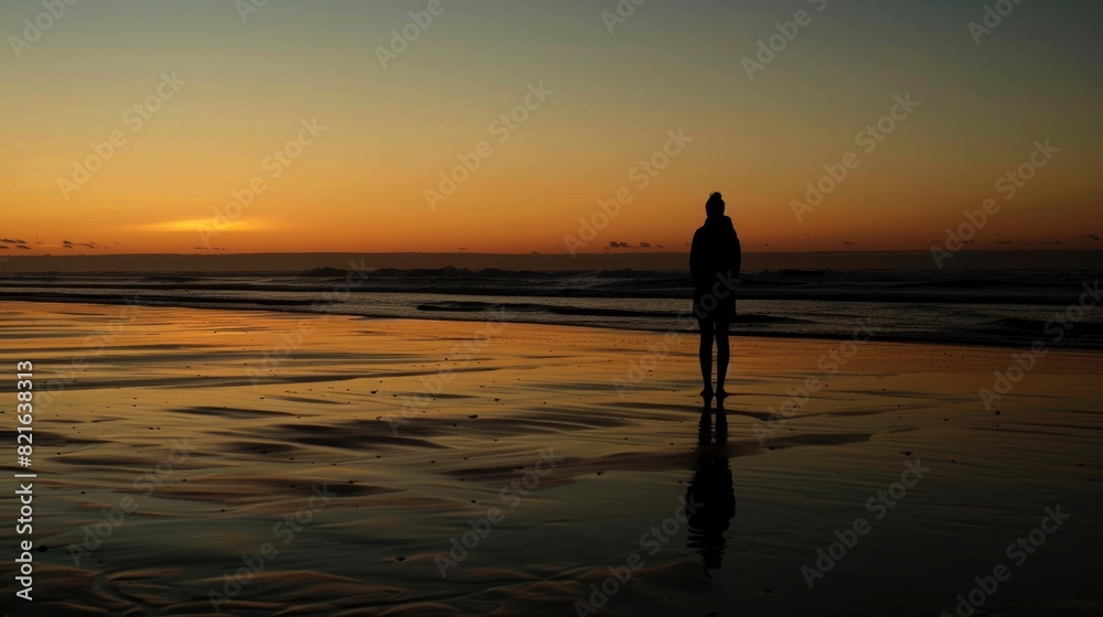 A person stands on a beach at sunset. The sky is orange and the water is calm. The person is alone and looking out at the ocean A person stands on a beach at sunset. The sky is orange and the water is calm. The person is alone and looking out at the ocean