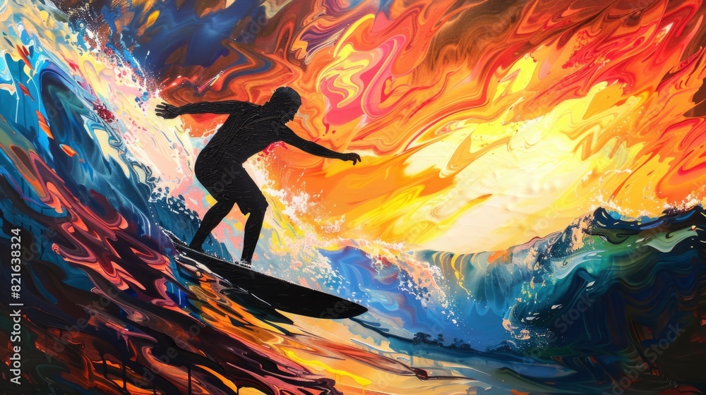 A man is surfing on a wave with a sunset in the background. The painting has a vibrant and energetic mood, with the colors of the sunset and the waves creating a sense of movement and excitement A man is surfing on a wave with a sunset in the background. The painting has a vibrant and energetic mood, with the colors of the sunset and the waves creating a sense of movement and excitement