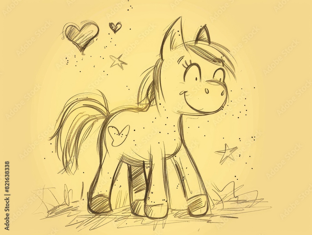 Obraz premium A cartoon horse with a heart on its back and a smile on its face. The drawing is in a yellowish color