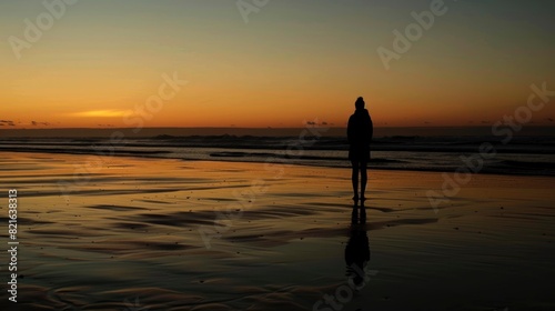 A person stands on a beach at sunset. The sky is orange and the water is calm. The person is alone and looking out at the ocean