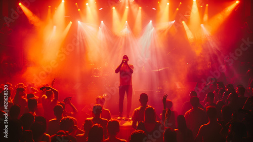 Male Singer Performing on Stage by Crowd at Nightclub, Live Concert with Energetic Audience and Vibrant Nightlife Atmosphere, Exciting Music Performance, Generative AI
