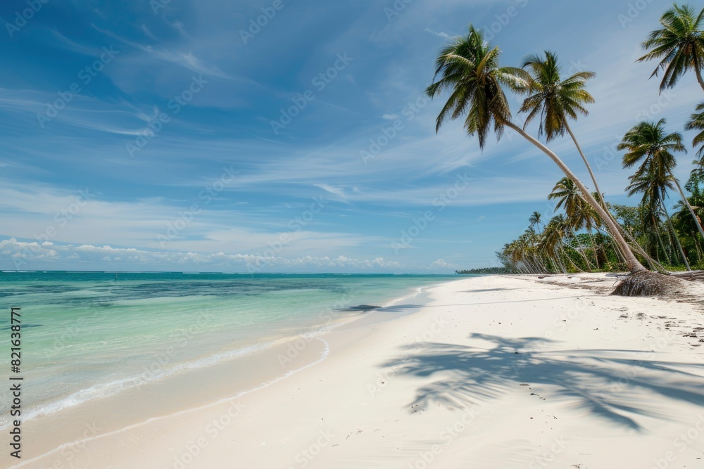 A beautiful beach with palm trees and a clear blue sky. The beach is empty and the water is calm