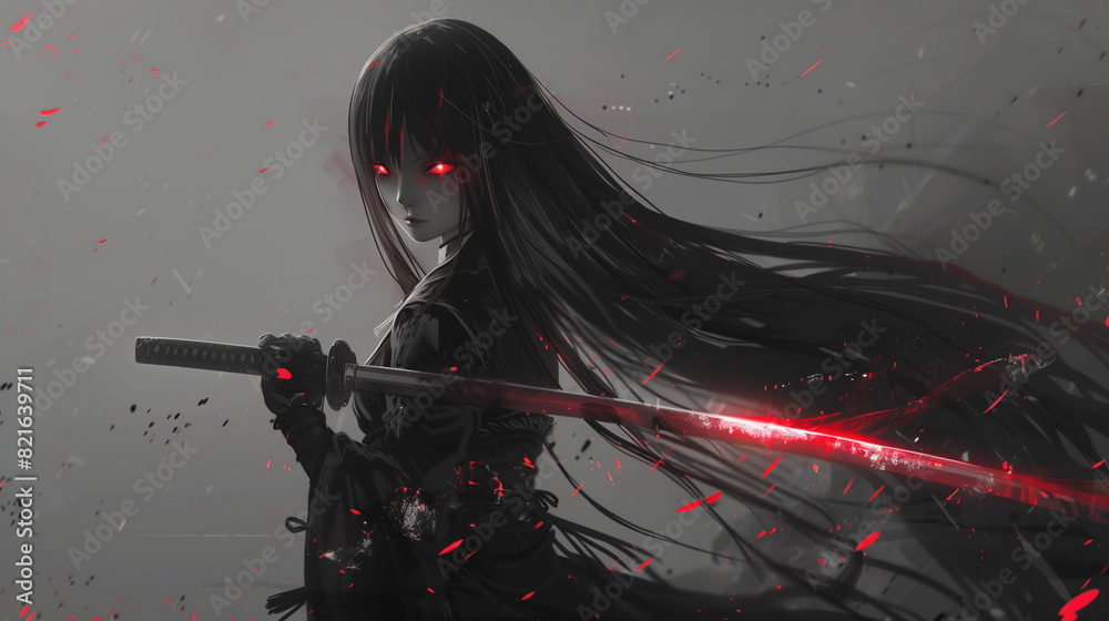 Fototapeta premium An anime girl with long hair holds a katana in her hands, mysterious emotions, glowing red eyes, a katana emitting infrared red light from inside