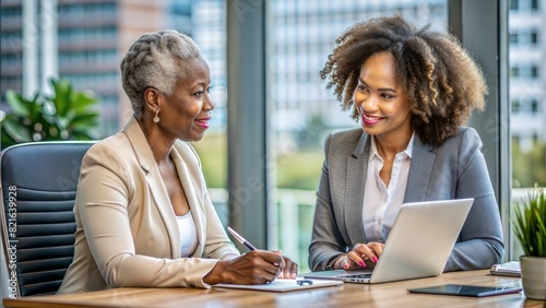 An image of a middle-aged, Black female executive coaching a younger colleague in an office setting. 